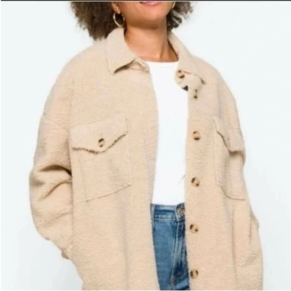 Joie Teddy Sherpa Oversized Button Front Shacket Faux Suede Lined Cream Jacket S